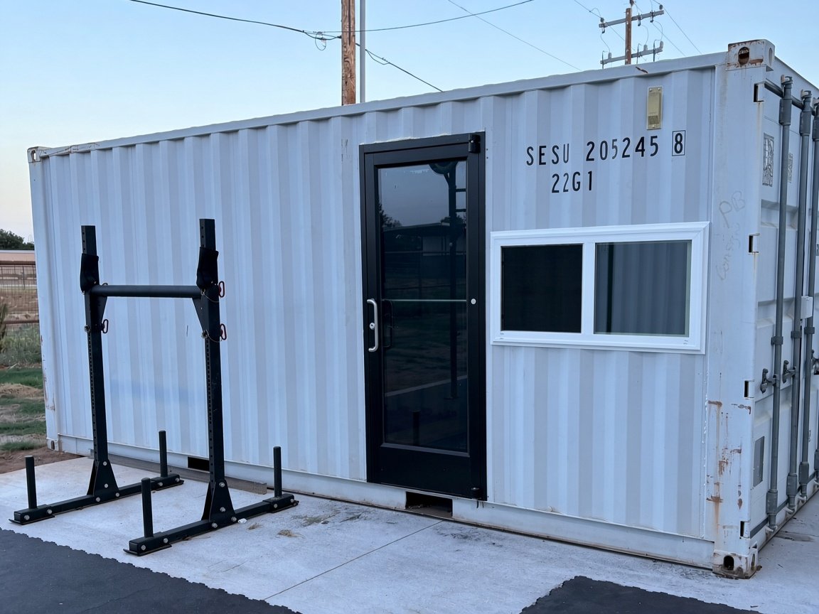Custom outdoor sauna built from a shipping container with a glass door and window, sitting on a concrete pad